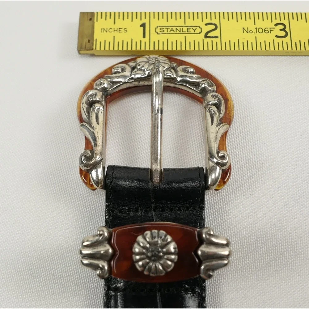 VTG Brighton Black Leather Croc Belt Amber Inlay Embossed Silver Buckle '96‎ USA